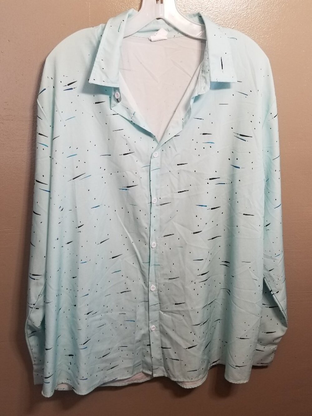 Blue Patterned Men's Long Sleeve Button Down Blouse, XXL